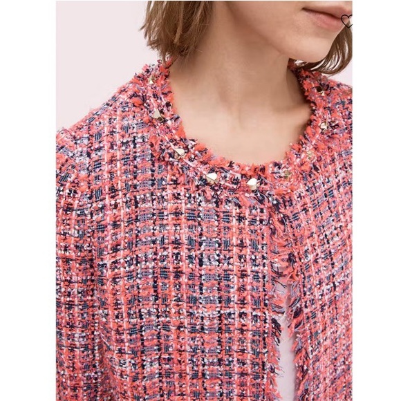 Kate Spade Tweed Open Front Fringe Peacoat Winter Jacket Preppy Pink 6 - Picture 2 of 11